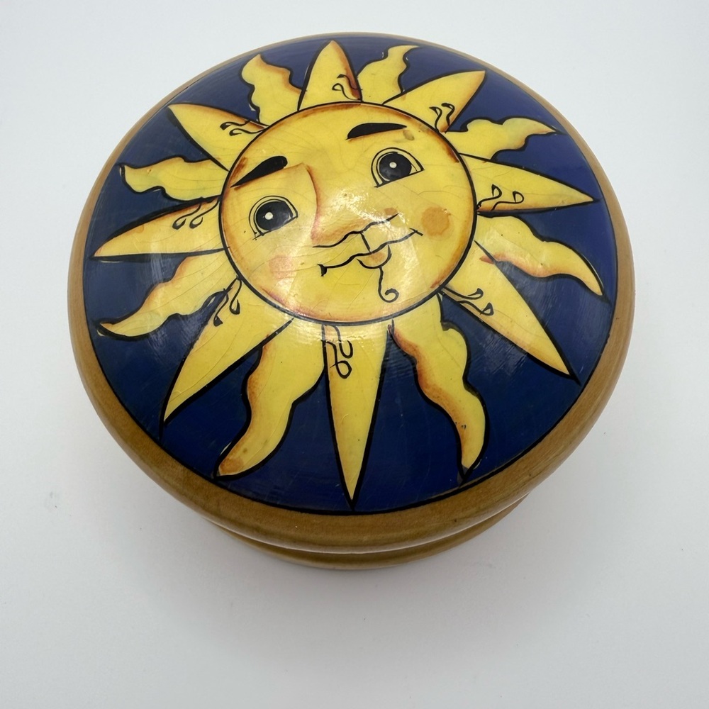 Vintage Celestial Sun Wood Trinket Box Hand Painted Round 4" Bohemian Y2K Decor